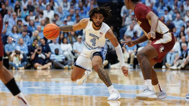 RJ Davis #4 of the North Carolina Tar Heels on December 2, 2023, at Dean Smith Center in Chapel Hill, North Carolina.